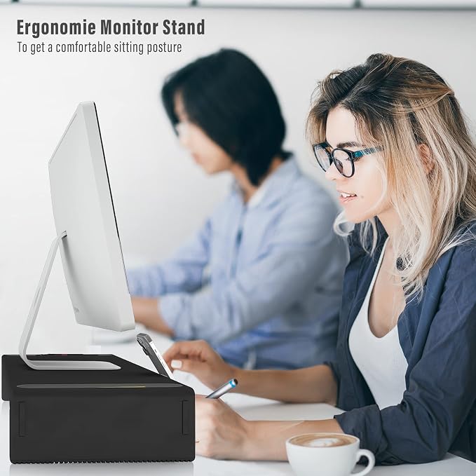 Adjustable Monitor Stand Riser with Drawer - Foldable Computer Stand for Desk, Desktop Organizer with Phone Holder & Pen Slot, Space Saving Laptop Riser for Home Office, Black