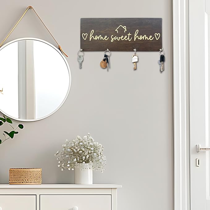 Sweet Home Wooden Key Holder for Wall - 5"x10" Key Organizer Hanger with 4 Hooks for Front Door Hallway Entryway Kitchen - Home Office Decor & Housewarming Gifts Supplies - A06