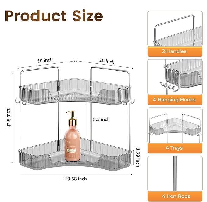 Corner Counter Organizer, 2-Tier Bathroom & Kitchen Storage Tray | Grey Vanity Organizer Storage Countertop with Hooks for Skincare, Makeup & Jewelry