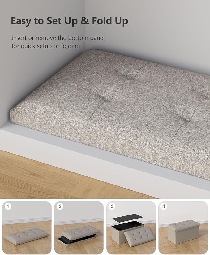 Folding Storage Ottoman Bench, Sandy Beige, 30 Inches | Multi-Functional Ottoman Foot Rest, End of Bed Bench, Storage Chest, Living Room, Bedroom, Hallway, Entryway, 600 lb Capacity