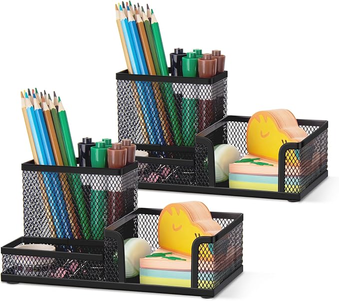 Comix 2 Packs Mesh Pen Holder, Desk Organizer for Home Office, Black | 3 Compartment Pencil Holder, Sticky Notes Holder, Pen Organizer Office Supplies