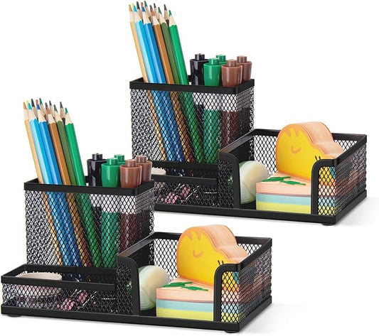 Comix 2 Packs Mesh Pen Holder, Desk Organizer for Home Office, Black | 3 Compartment Pencil Holder, Sticky Notes Holder, Pen Organizer Office Supplies