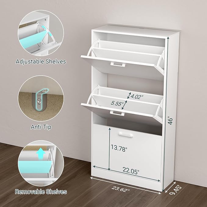 Shoe Cabinet with 3 Flip Drawers, Hidden Slim Freestanding Shoe Storage Cabinet, Narrow Freestanding Shoe Organizer for Entryway,Hallway, Living Room, White