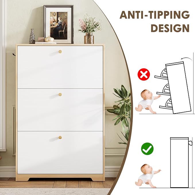 Nicetree Shoe Storage Cabinet for Entryway, Modern Shoe Cabinet, Freestanding Shoe Rack Cabinet, Hidden Shoe Dresser for Hallway,Foyer, Natural Oak and White