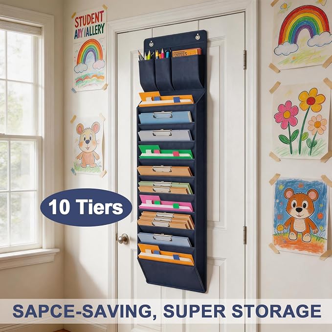 Over Door Hanging File Organizer, 10 Extra Large Pockets (Blue) | Wall file organizer, 10 extra large pockets, heavy-duty fabric. Hanging folders for mail, magazines.13.78"W × 51.18"H