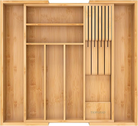 Expandable Bamboo Silverware Drawer Organizer Tray, Natural | Removable Knife Block, Holds 7 Knives, Adjustable Dividers, 12.6-21.45 x 16.3 x 2.13 in, Drawer Insert for Utensils, Forks