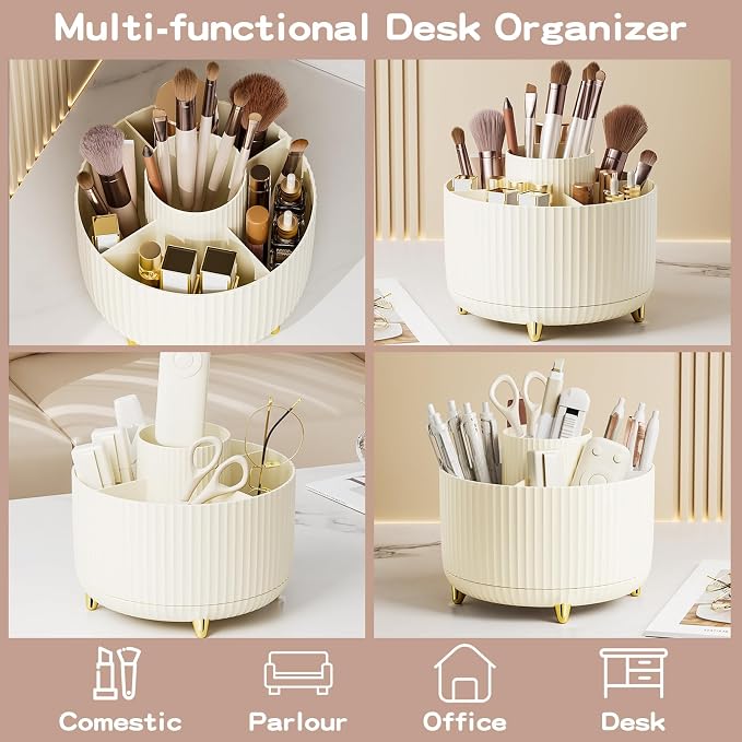 fanado 360° Rotate Makeup Brush Holder Organizer, Makeup Organizers Countertop, Makeup organization and Skincare Storage for Vanity, Desktop, Bathroom (Ivory)