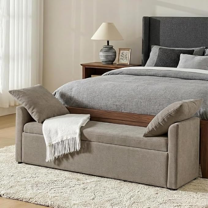 HULALA HOME 59" Storage Bench with 2 Throw Pillows & Armrests, Brown | Modern Long Bedroom Bench for End of Bed, Comfy Upholstered Fabric Footstool for Entryway Living Room