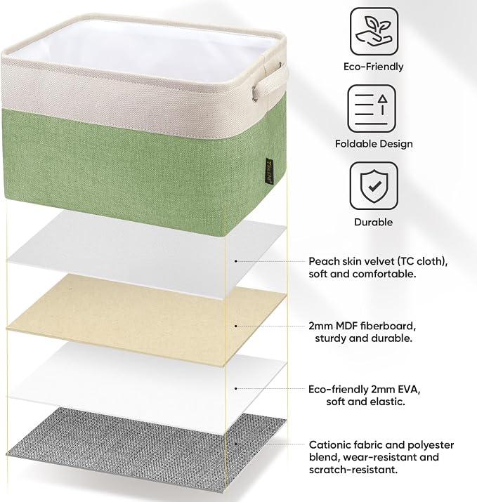 BALEINE 2 Pack Fabric Closet Storage Bins for Shelves, Linen Closet Organizers and Storage, Decorative Baskets for Organizing, Shelf, Clothes, Home, Office (Green, 15''x11''x9.5'')
