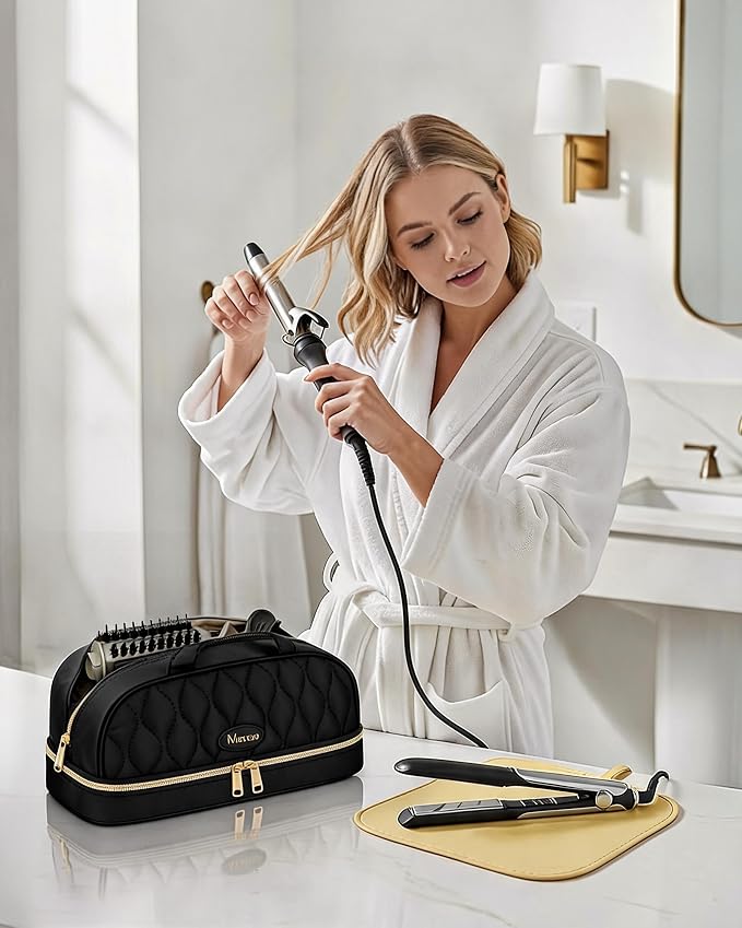 Mancro Carrying Case for Shark FlexStyle, Quilted Hair Tools Travel Bag | with Heat-Resistant Mat, Travel Case for Dyson Airwrap & Shark FlexFusion, Hair Dryer Organizer for Women, Black