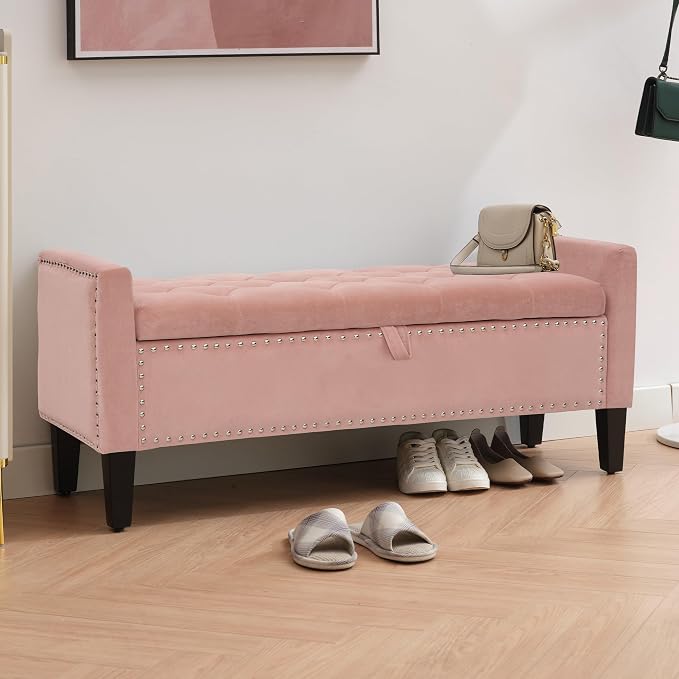 Storage Ottoman Bench, Velvet Upholstered Footstool for Bedroom and Living Room, Frosted Flannel Seat with Storage, Wooden Legs & Metal Rivets, Pink