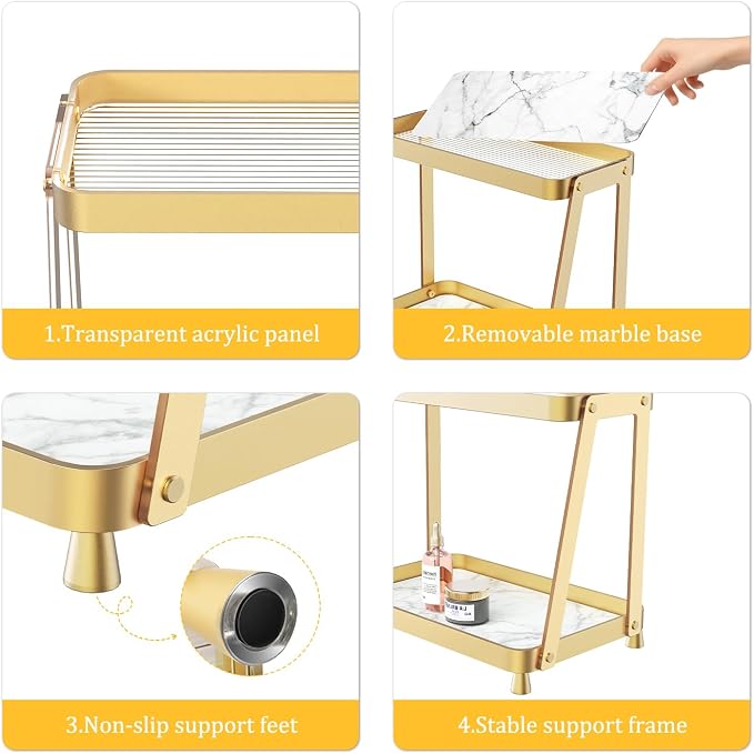 2-Tier Acrylic Bathroom Vanity Organizer, Gold | Bathroom Counter Storage Shelf with Marble-Look Tray, Holds Cosmetics, Perfume, Makeup & Skincare Products