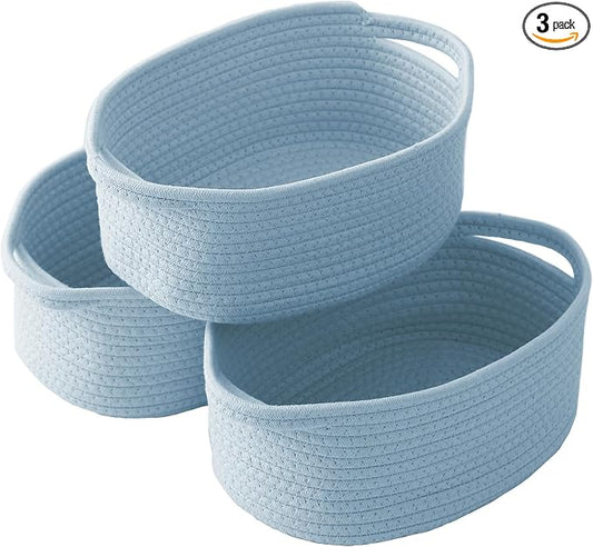 JMvicyroam Small Woven Basket, Empty Gift Basket, Blue/3 Pack | Small Gift Basket, Cotton Rope, 12 x 8 x 32 in, Handles, Includes Ribbon and Bag, Birthday Gift Basket