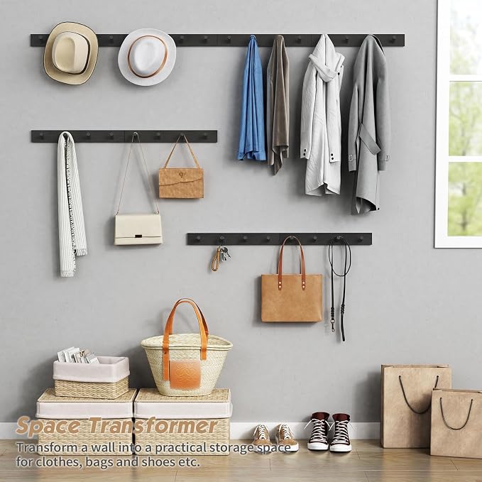 Forbena Black Coat Rack Wall Mount 4-Pack, Rustic Farmhouse Coat Hooks for Wall, Vertical Hanging Hat Rack for Office, Bedroom, Closet, Small Spaces, Kids Room Clothes, Entryway Shoes - 16 Pegs
