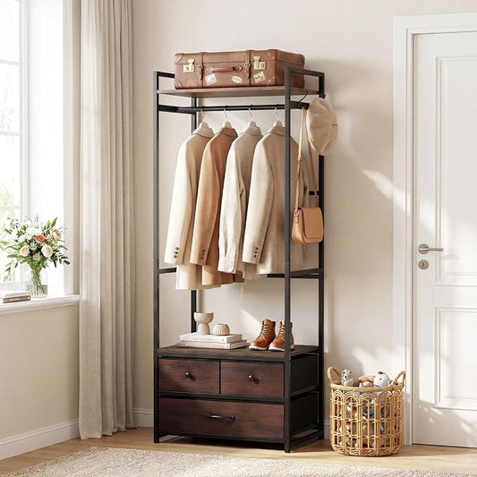 Tangkula Freestanding Small Clothes Rack, Heavy Duty Coat Rack with Drawers, Shelves, Hooks & Hanging Rod, Metal Closet Organizer Garment Rack, Industrial Hall Tree for Entryway, Hallway, Bedroom