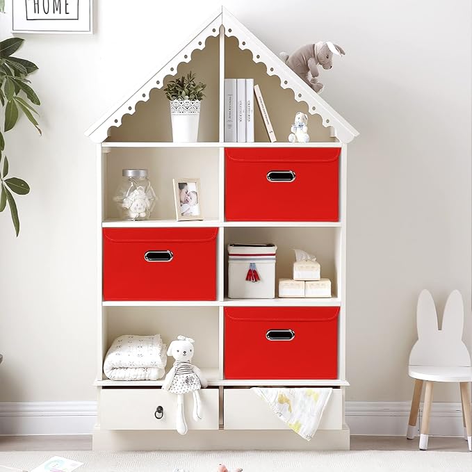 STOREONE Fabric Storage Cube Bins Foldable Organizer Container Collapsible Basket with Lids and Metal Handles, for Home, Bedroom, Closet 6 Pcs (Red)
