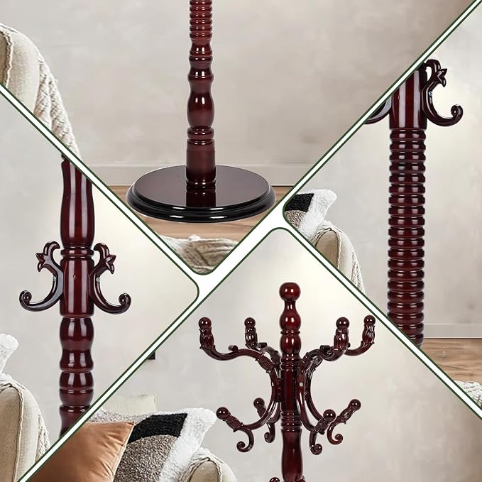 73" Wooden Coat Rack Stand,Coat Racks Freestanding With 14 Hooks And Solid Round Base Heavy Duty Adjustable Height Hall Tree Coat Rack for Entryway Hallway Foyer Office Bedroomf (Red sandalwood)