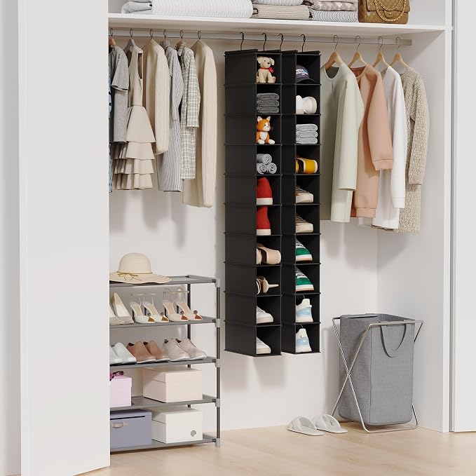 MAX Houser 10 Tier Foldable Hanging Shoe Organizer, Hanging Shoe Storage Shelf, Black