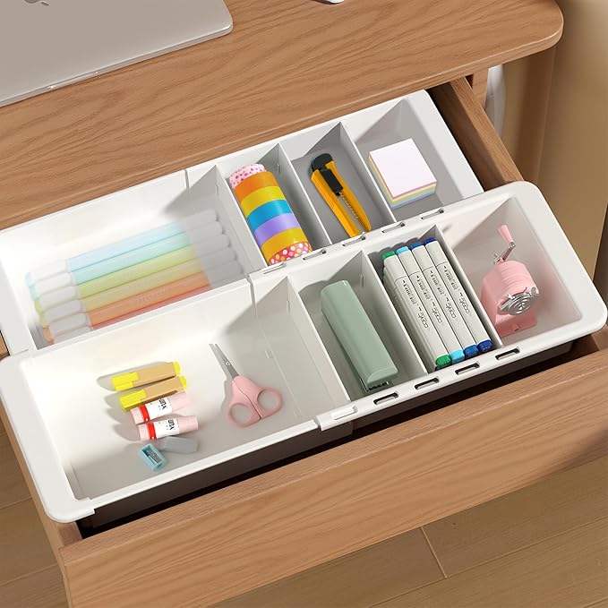 YOOUSOO Expandable Drawer Organizer, 2 PCS Adjustable Drawer Organizer Trays, Drawer Dividers Organizers and Storage For Office Supplies, Pens, Makeup,Utensils, Tools, Flatware and Junks, White | Drawer Dividers Organizers and Storage For Office Suppli...