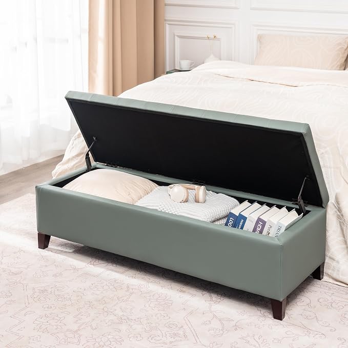 Ottoman with Storage, 51 Inch End of Bed Storage Bench, Faux Leather Upholstered Ottomans with Hinged Lid, Rectangle Long Foot Rest Bench for Entryway Living Room Bedroom Light Green