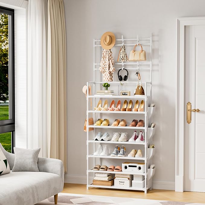 Shoe Rack 7 Tier Shoe Organizer Storage 21-28 Pairs | Closet Shoes Rack for Front Door Entrance Shoe Rack Organizer with Hooks Side Pocket Entryway Large Capacity Shoe Shelf Tower