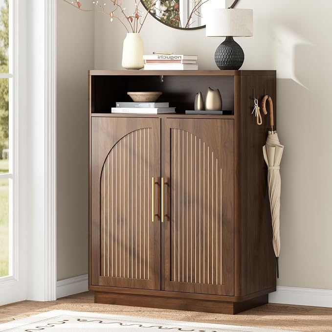 Fluted Shoe Storage Cabinet with 2 Arch Doors, 43" Tall Wood Cabinet | 6-Tier Large Shoe Rack w/Adjustable Shelves, Mid Century Modern Hidden Shoes Organizer for Hallway, Entryway, Fits Size 13