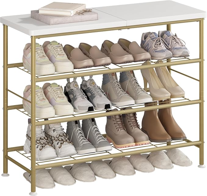 SUOERNUO 4 Tier Shoe Rack Organizer for Closet Shoe Storage for Entryway | Free Standing with MDF Top Board,Sturdy Metal Frame,Ideal for Living Room,Hallway Gold