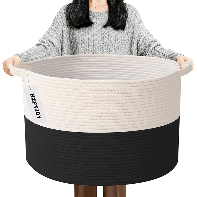90L Extra Large Blanket Basket,Woven Laundry Basket-White&Black | Collapsible, reinforced handles, nursery storage bin organizes clothes, toys and pillows for living room, bedroom bathroom