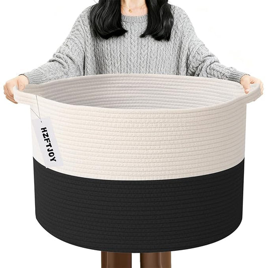 90L Extra Large Blanket Basket,Woven Laundry Basket-White&Black | Collapsible, reinforced handles, nursery storage bin organizes clothes, toys and pillows for living room, bedroom bathroom