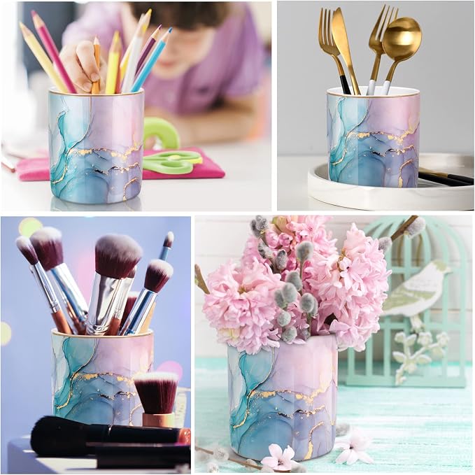 Large Capacity Colored Pen Holder for Desk, Ceramic Pencil Holder Makeup Brush Holders, Desk Accessories & Workspace Organizers for Home, Office, Colorful Green