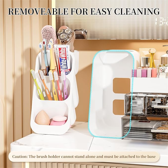 Makeup Organizer with Drawers for Vanity Bathroom Counter Organizers and Storage, Large Skincare Organizer with Brush Toothbrush Holder for Perfume, Nail Polish, Dresser, Office Supplies, White