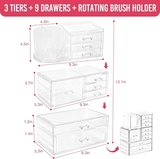 ShineMe Clear Makeup Organizer with 9 Drawers, 3 Tier Stackable Makeup Storage Organizer with Rotating Brush Holder, Acrylic Countertop Makeup Organizer for Vanity Skincare Jewelry Hair Accessories