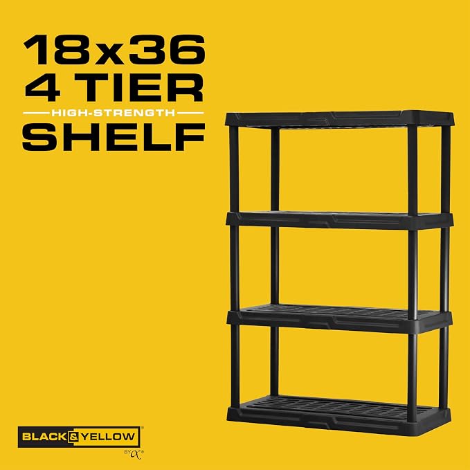 CENTREX 4-Tier Heavy Duty Plastic Storage Shelves for Garage, Black | Utility rack for garage, pantry, or closet organization, Easy assembly, 4 tier at 150lb/shelf, 53"H x 36"W x 18"D