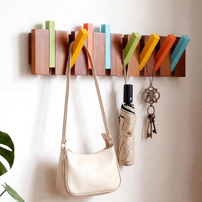 Youyole 8 Hook Wood Coat Rack Wall Mount Mid Century Modern Wooden Coat Hooks Colorful Heavy Duty Long Flip Down Piano Hat Rack for Hanging Coats Keys Hats Robe Towels Home