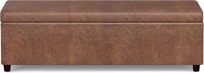 SIMPLIHOME Avalon 60" Wide Fabric Storage Ottoman in Tanners Brown | Contemporary lift-top ottoman with high-density foam; rectangle storage bench or coffee table for living room or entryway.