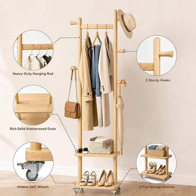 Taitiy Solid Wood Coat Rack Small Freestanding with Wheels 2 Shelves | Small spaces, solid rubberwood construction, 2 shelves and 5 hooks, ideal for bedrooms, entryways, apartments and homes