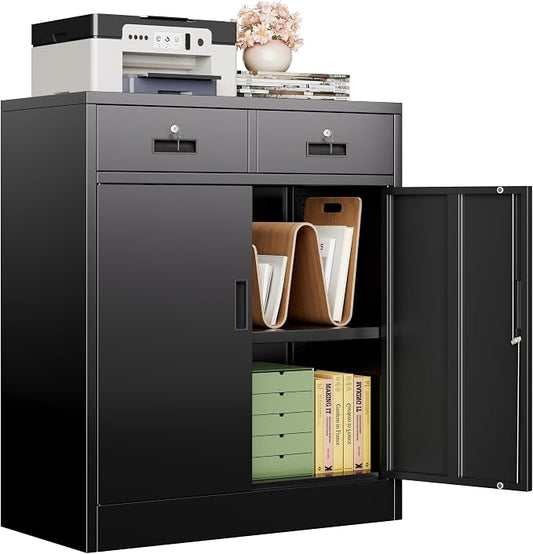 CJF Metal Storage Cabinet, Locking Cabinet with Adjustable Shelf and 2 Drawers, Metal Cabinets for Office, Home, Garage 36" H x 32" W x 16" D (Black)