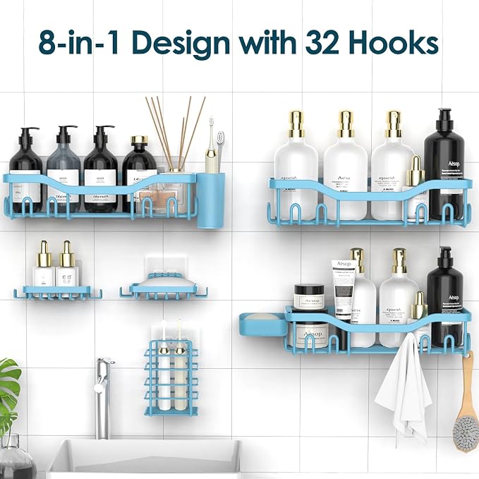 NESOMI Shower Caddy Adhesive Shower Organizer 8-Pack, Rustproof Stainless Steel Bathroom Shelves, Large Capacity No-Drill Rack Storage Accessories with Soap Dish Toothbrush Holder Hooks