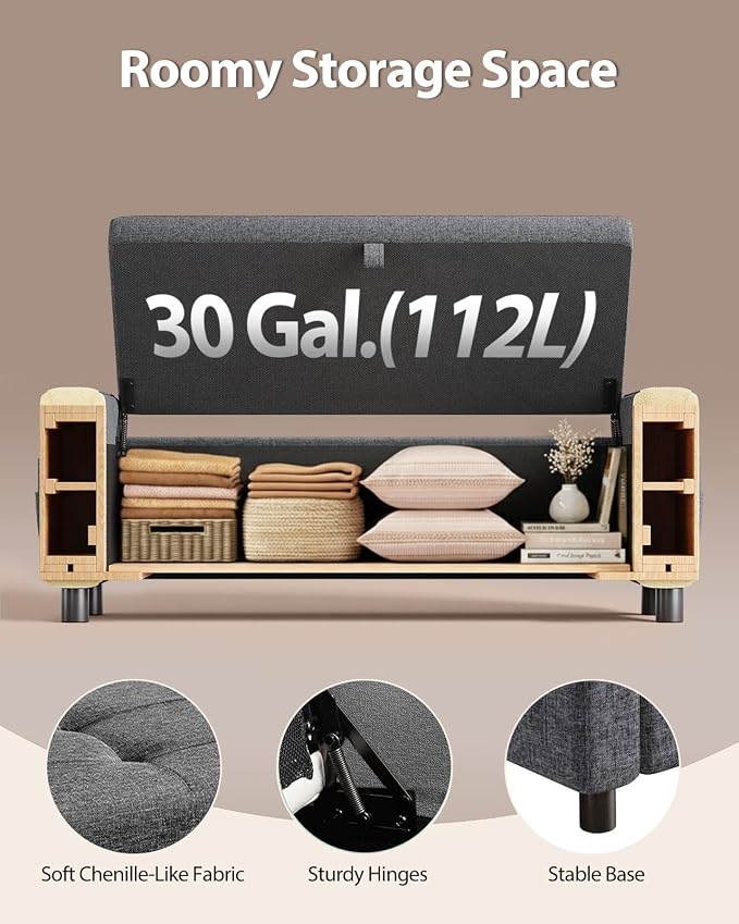 Amada 46" Ottoman with Storage, Side Pocket, Safety Hinge, Dark Gray | 30 gallon (112 liter) hidden storage, holds 400 lbs, 0.35" thicker wood panels, 3.14" thick foam, for end of bed, living room