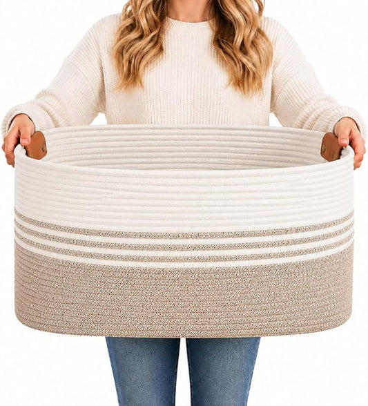 Laundry Hamper with Handles, 72L Rope Laundry Basket, Light Brown | Cotton rope clothes hamper with leather handles holds blankets, pillows, toys and laundry in nursery, bedroom or living room