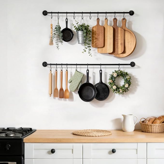 Mkono Wall Mounted Mug Holder, Coffee Cup Hanger Rack with 20 Hooks, 2 Pack | Kitchen Rod, Space Saving, Easy Assembly, Wall & Under Cabinet, Durable Metal, Kitchen Dining Bar Organizer, Multi-Function