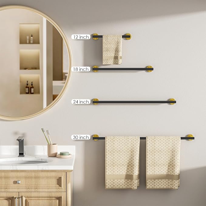 FORIOUS Towel Bar 24" Towel Racks for Bathroom Wall Mounted Black and Gold | Total Length 26 Inch, Rustproof, Stainless Steel Towel Holder, Wall Mounted for Bathroom Bedroom, Heavy Duty, Space Saving