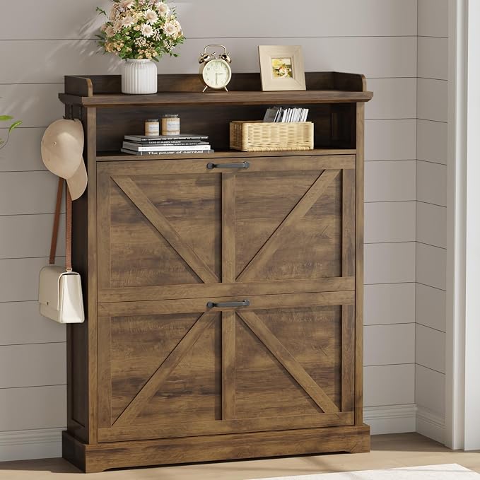 Farmhouse Shoe Cabinet with 2 Flip Drawers & Open Storage ,31.5" W Walnut | Freestanding shoe cabinet with flip drawers ,Brown design and space-saving storage for entryway,foyer & hallway