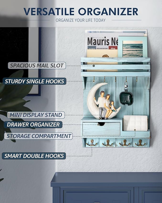 Rebee Vision Key Holder Wall Mount with Drawer & Shelf for Entryway, Blue | Sturdy Wood, Key Holder for Wall, 9 Sturdy Hooks, Floating Shelf, Plant Display, Drawer Organizer, Mail Sorter, Home Decor