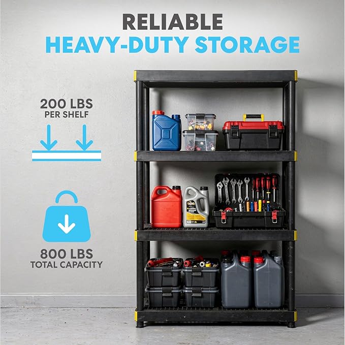 Simpli-Magic 4-Tier Heavy Duty Plastic Storage Shelving Unit, Garage & Basement Organizer, Modular Rack, 36 x 18 x 57 Inches, 200 lbs per Shelf, 800 lbs Total Capacity