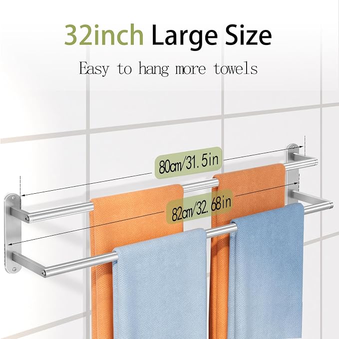 Double Towel Bar 32 Inch, Towel Rack for Bathroom, Wall Mount Bathroom Towel Holder, Stainless Steel Bathroom Towel Rack, Double Towel Hanger Towel Rod(Brushed Nickel)