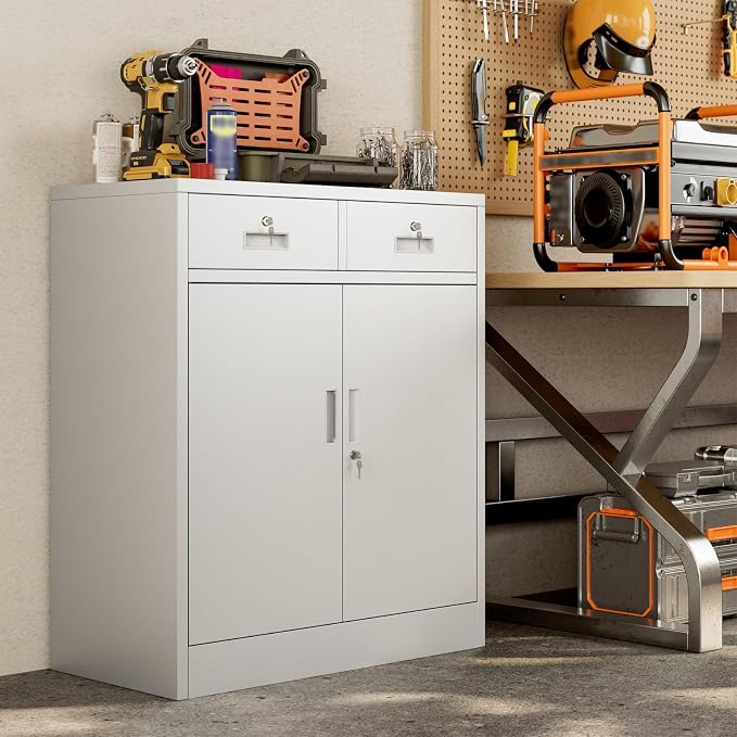 BESFUR Metal Garage Storage Cabinet with Two Lockable Drawers 2 Locking Doors and an Adjustable Shelf, 36" White Metal Short Storage Cabinet for Home Office, Garage,School,Utility Room