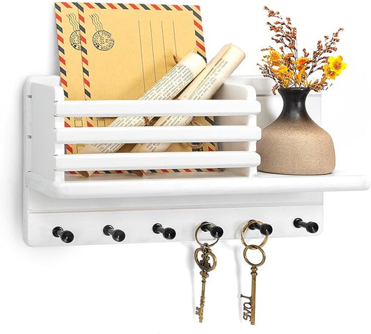 Rebee Vision Key Holder Wall Mount with Mail Slot for Room Decor, White | Pine Wood, Key Holder for Wall, Storage Shelf, 8 Key Hooks, Dog Leash Storage, Mail Organizer, key Hanger Apartment Aesthetic