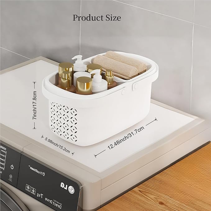 Pulseplay Plastic Shower Caddy Basket with Handle Portable Organizer Storage Basket with Drainage Holes for Bathroom College Dorm Bedroom Kitchen Gym (White)