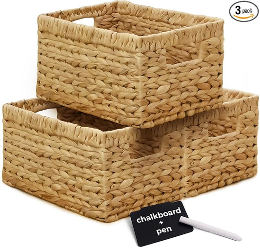 KOKODO Pack 3 Medium Wicker Storage Baskets with Handles, Stylish and Durable Water Hyacinth Rectangle Handwoven Basket Bin with Metal Frame & Handle for Room Organizing